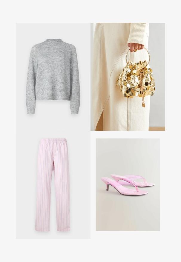 Pull léger gris clair avec un col cheminée, des manches longues et une coupe décontractée. Fabriqué en tissu tricoté texturé avec des variations de couleur subtiles.; Pantalons roses clairs avec des rayures verticales bleues, en tissu lisse, dotés d'une taille élastique et d'un design à jambes larges.; Sandales à talons roses avec une finition brillante, dotées d'un design à lanière et d'un talon métallique fin. Texture lisse et style minimaliste.; Sac à main en sequins dorés avec cordon de serrage et poignée circulaire, présentant des sequins ronds brillants et un tissu texturé. Les dimensions ne sont pas fournies.