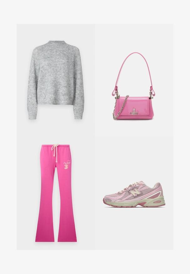 Gai pelēks džemperis ar augstu apkakli, garām piedurknēm un brīvu piegriezumu. Izgatavots no teksturēta adījuma auduma ar vieglām krāsas variācijām.; Rozā sporta bikses ar flared piegriezumu un auklu jostā, ar mīkstu tekstūru un izšuvumu uz kreisās puses.; Rozā un biskvītu krāsas New Balance 740 apavi ar tīkla un sintētisko augšdaļu, sasaistes aizdare un mīkstināta zole parādīta sānu profilā.; Rozā lakots ādas rokassomu ar taisnstūrveida formu, atvienojamu ķēdes siksniņu un sudraba aksesuāriem priekšpusē.