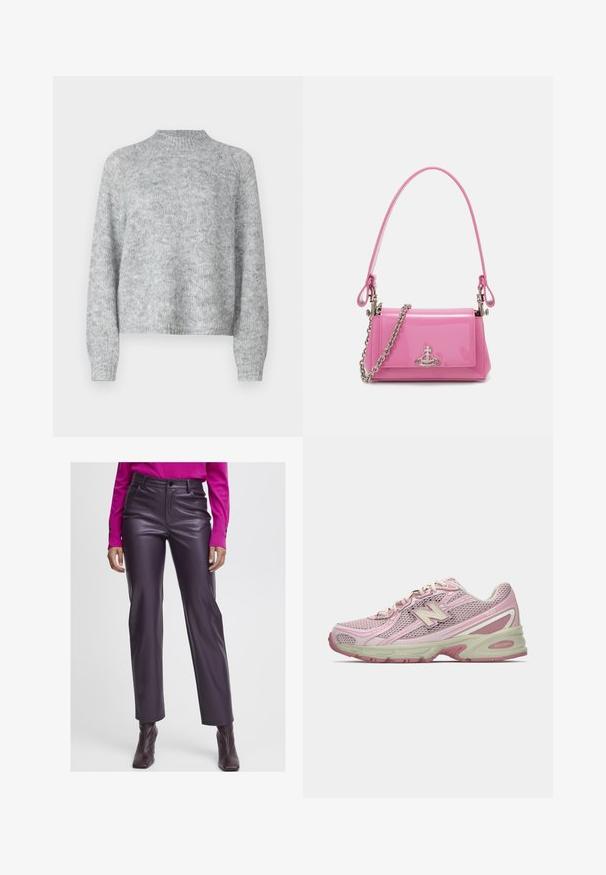 Lichtgrijze trui met hoge nek, lange mouwen en een losse pasvorm. Gemaakt van een textuur gebreide stof met subtiele kleurvariaties.; Paarse faux leren hoogtepant met een gladde textuur, rechte broekspijpen en voorzakken. Gecombineerd met een roze langwerpig shirt.; Roze en beige New Balance 740 sneaker met een bovenwerk van mesh en kunstleer, vetersluiting en een gevoerde zool, weergegeven in zijprofiel.; Roze gepatineerde lederen handtas met een rechthoekige vorm, afneembare kettingriem en zilveren hardware detail aan de voorkant.