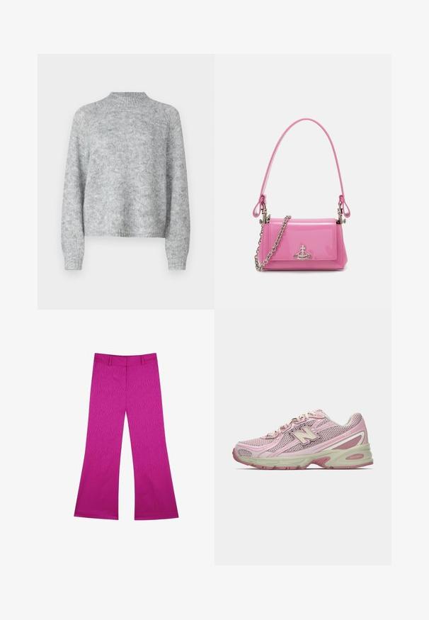 Light grey sweater with a high neck, long sleeves, and a loose fit. Made of textured knit fabric with subtle variations in color.; Pink flared pants with a textured wave pattern, featuring a waistband and no visible hardware. The fabric appears smooth and stretchy.; Pink and beige New Balance 740 sneaker with mesh and synthetic upper, lace-up closure, and cushioned sole shown in side profile.; Pink patent leather handbag with a rectangular shape, detachable chain strap, and silver hardware detail on the front.