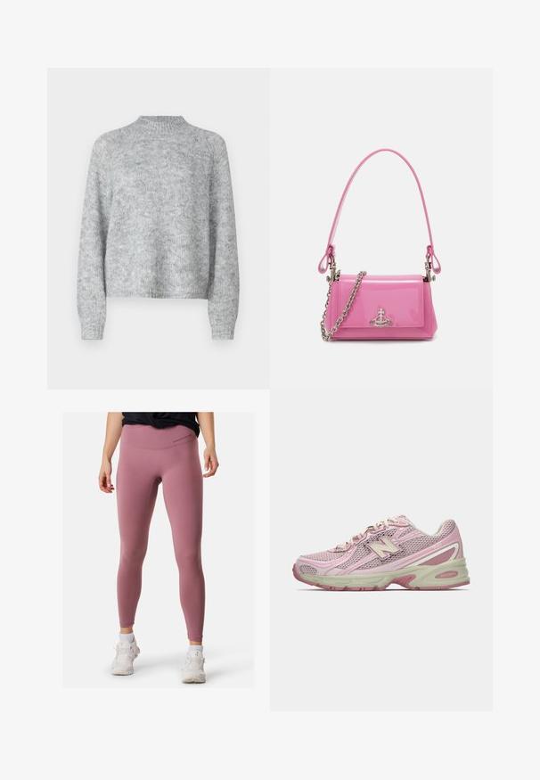 Hellgrauer Pullover mit hohem Kragen, langen Ärmeln und lockerer Passform. Aus strukturiertem Strickstoff mit subtilen Farbschattierungen gefertigt.; Rosa Sportleggings mit hoher Taille, glatter Textur und minimalen Nähten. Kombiniert mit weißen Sneakers für den Kontrast.; Rosa und beige New Balance 740 Sneaker mit Obermaterial aus Mesh und Synthetik, Schnürverschluss und gepolsterter Sohle, seitlich dargestellt.; Rosa lackierte Handtasche mit rechteckiger Form, abnehmbarer Kettenriemen und silbernen Hardware-Details auf der Vorderseite.