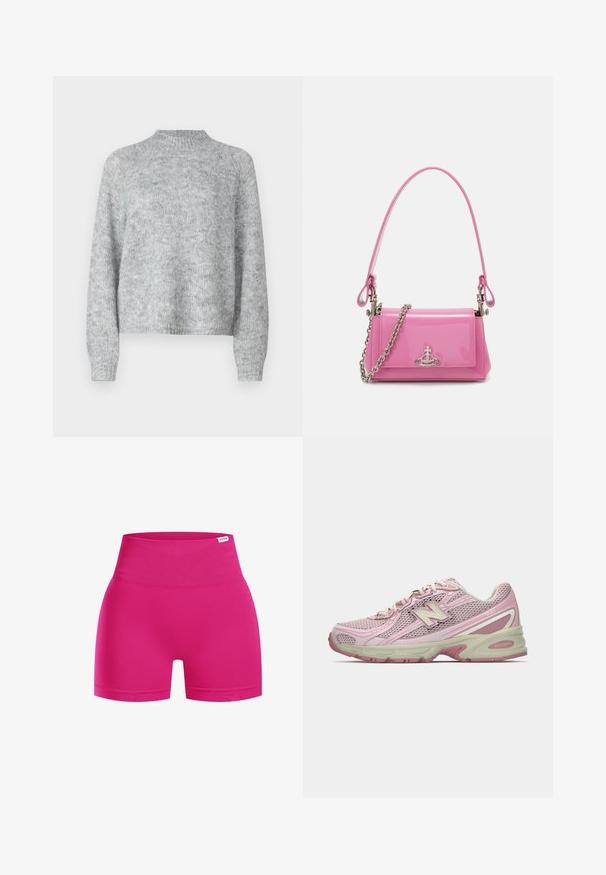 Svetle šedý svetr s vysokým límcem, dlouhými rukávy a volným střihem. Vyrobeno z texturované pleteniny s jemnými barevnými variacemi.; Růžové šortky s vysokým pasem vyrobené z elastického materiálu, s hladkým povrchem a přiléhavým střihem. Žádné viditelné logo ani vzory.; Růžové a béžové tenisky New Balance 740 s vrchní částí z polyesteru a syntetiky, se šněrováním a polstrovanou podrážkou zobrazené z boku.; Růžová lakovaná kabelka obdélníkového tvaru, odnímatelný řetízkový popruh a stříbrné kovové detaily na přední straně.