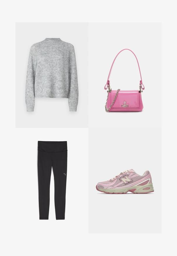 Light grey sweater with a high neck, long sleeves, and a loose fit. Made of textured knit fabric with subtle variations in color.; Black athletic leggings with a high waistband, made from a smooth, stretchy fabric. Features a small reflective logo on the left hip.; Pink and beige New Balance 740 sneaker with mesh and synthetic upper, lace-up closure, and cushioned sole shown in side profile.; Pink patent leather handbag with a rectangular shape, detachable chain strap, and silver hardware detail on the front.