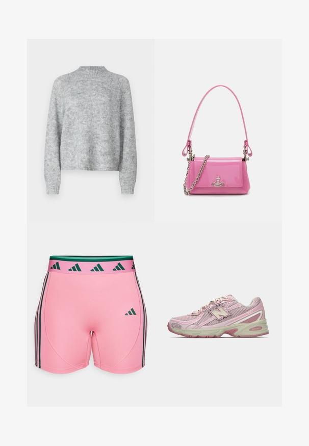 Suéter gris claro con cuello alto, mangas largas y un corte holgado. Hecho de un tejido de punto texturizado con variaciones sutiles en el color.; Pantalones cortos deportivos rosas con una textura suave y elástica, que presentan rayas verticales verdes y negras a lo largo de los costados y una cinturilla a juego.; Zapatilla New Balance 740 en color rosa y beige con parte superior de malla y sintético, cierre con cordones y suela acolchada, mostrada en perfil lateral.; Bolso de mano de charol rosa con forma rectangular, correa de cadena desmontable y detalle de hardware en plata en la parte frontal.