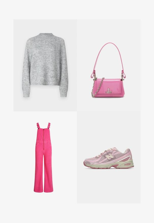 Heled halli kivipesu, millel on kõrge kaelus, pikad varrukad ja vabam lõige. Valmistatud tekstuurse kudumise kangast, millel on peened värvimuutused.; Kirikate roosad laiad corduurovestid, reguleeritavate õlapaeltega, esizipiga ja küljetaskutega, esitatud valgel taustal.; Roosa ja beež New Balance 740 sneaker, millel on võrkkattega ja sünteetilisest materjalist ülemine osa, paelaga kinnitus ja pehme tallaga, kujutatud külgprofilis.; Roosa sädelev nahast käekott ristkülikukujulise disainiga, eemaldatava ahelkandega ning hõbedaste detailidega esifailil.