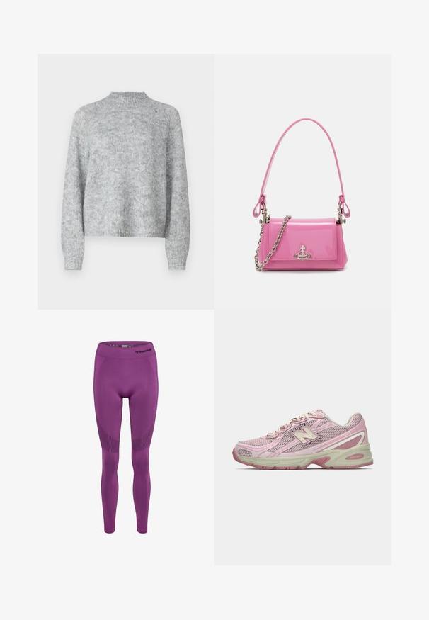 Lichtgrijze trui met hoge nek, lange mouwen en een losse pasvorm. Gemaakt van een textuur gebreide stof met subtiele kleurvariaties.; Paarse sportlegging met een hoge tailleband, voorzien van een textuurpatroon langs de zijkanten en ademende stof voor comfort.; Roze en beige New Balance 740 sneaker met een bovenwerk van mesh en kunstleer, vetersluiting en een gevoerde zool, weergegeven in zijprofiel.; Roze gepatineerde lederen handtas met een rechthoekige vorm, afneembare kettingriem en zilveren hardware detail aan de voorkant.