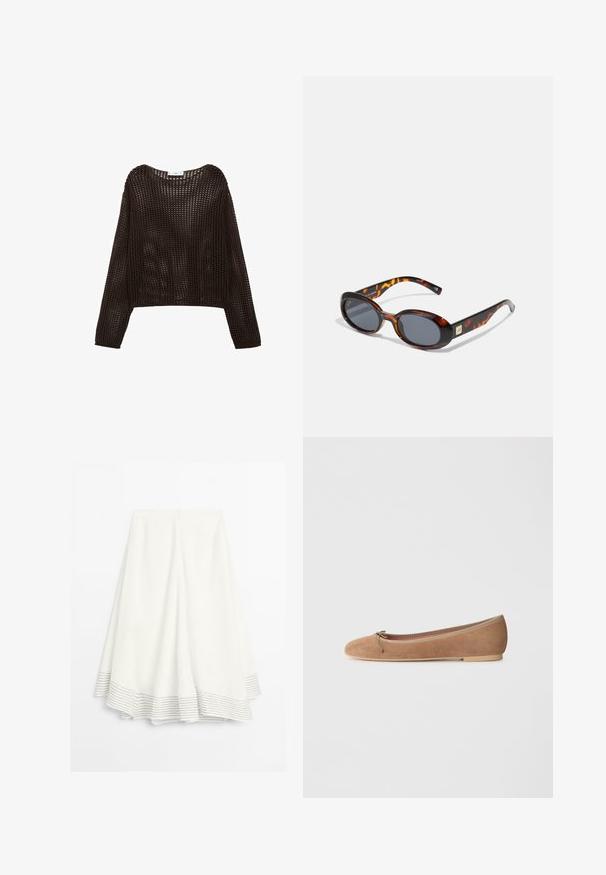 Häkel-Stil Langarmtop in Dunkelbraun, mit lockerer Passform und offener Struktur, runder Ausschnitt und überschnittenen Schultern.; Weißer Midirock mit ausgestellt geschnittenem Saum, der dünne horizontale schwarze Streifen aufweist, sowie einem Reißverschluss auf der Rückseite.; Ballerinas aus Wildleder in Hellbraun, mit runder Zehenpartie, dekorativem Bogen und einer niedrigen, flachen Sohle mit Akzentnähten entlang der Kante.; Braune Schildpatt-Sonnenbrille mit ovalen Gläsern und dunkelgrauem Verlauf. Mit einem goldfarbenen Akzent an den Bügeln. Glatte Kunststoffoberfläche.