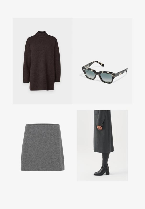 Pull en maille brun foncé, à col montant, avec une coupe décontractée, des manches longues, des poignets et un ourlet côtelés. Texture douce et détails minimalistes.; Une mini-jupe en feutre gris avec une coupe droite et une texture lisse, dotée d'une large ceinture et sans coutures ni embellissements visibles.; Manteau gris taillé à coupe droite ; associé à des bottes en cuir noir jusqu'au genou avec un bout carré et un talon épais.; Lunettes de soleil à motif noir et crème avec une monture épaisse, de forme carrée et des verres dégradés teintés. Logo Ray-Ban sur le côté.