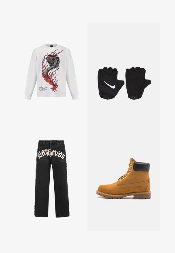 Grey ribbed knit sweater with a round neckline, drop shoulders, and a textured surface. Features the "Ed Hardy" logo in darker grey across the front.; Long-sleeve white shirt featuring a colorful snake design with flames and intricate detailing, labeled with "Don Ed Hardy designs."; Black denim wide-leg jeans with distressed edges and prominent white "Ed Hardy" text on the front. Features a standard button closure.; Tan suede ankle boot with black padded collar, gold metal eyelets, white stitching detailing, and rugged rubber sole with pronounced treads.; Black fingerless gloves made of textured material, featuring white Nike logo on the wrist and palm. Reinforced seams and padded palm area.