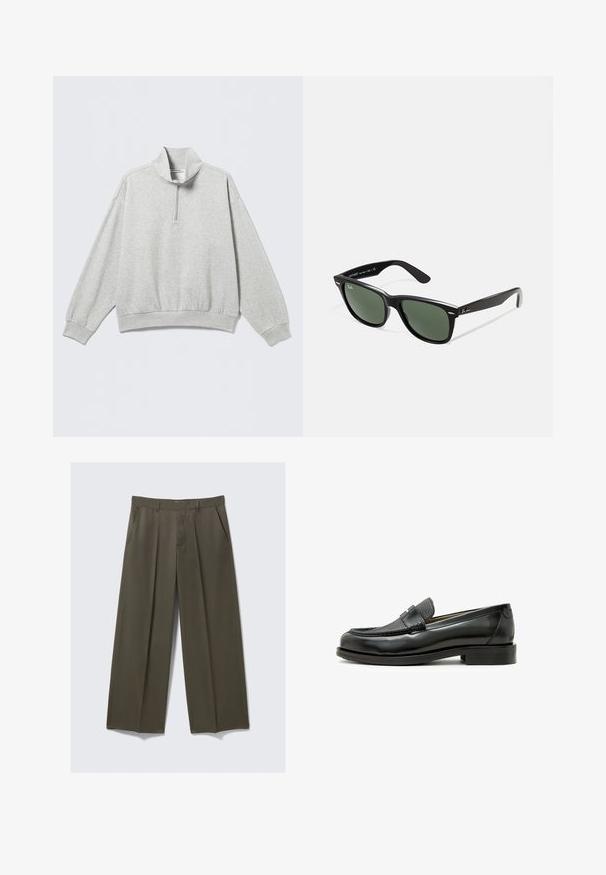 Light grey sweatshirt with a high collar, half-zip closure, dropped shoulders, and ribbed cuffs and hem. Soft, textured fabric.; Wide-leg trousers in olive green, made of smooth fabric. Features front pockets, a flat front, and stitched creases for structure.; Black leather loafer with a textured black leather accent, rounded toe, and a low block heel; features a decorative metallic detail.; Black plastic sunglasses with green lenses, square frames, silver accent on the brow, and textured temple arms. Stated brand on inner arm.