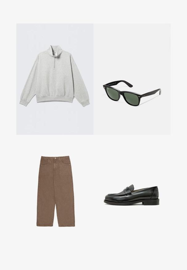 Jasnoszara bluza z wysokim kołnierzem, zamkiem na pół suwaka, opuszczonymi ramionami oraz ściągaczami na mankietach i na dole. Miękka, teksturowana tkanina.; Brązowe szerokie spodnie wykonane z bawełny, z dwoma przednimi kieszeniami i zapięciem na guzik. Materiał ma miękką strukturę i matowe wykończenie.; Czarne skórzane mokasyny z fakturowanym czarnym skórzanym akcentem, zaokrąglonym noskiem i niskim blokowym obcasem; zawierają dekoracyjny metalowy detal.; Czarne plastikowe okulary przeciwsłoneczne z zielonymi szkłami, kwadratowe oprawki, srebrny akcent na brwi oraz fakturowane ramiona temple. Nazwa marki podana na wewnętrznej stronie ramion.