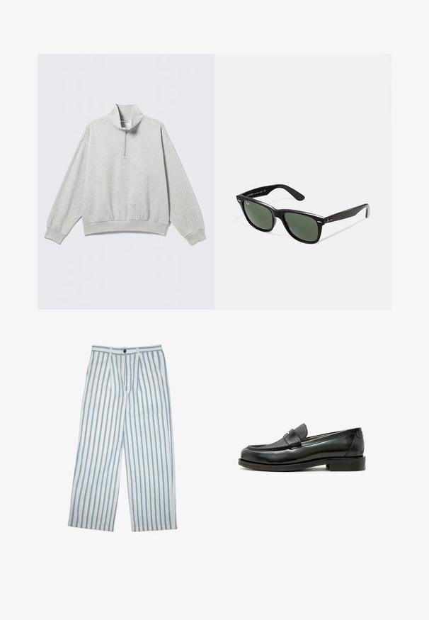 Jasnoszara bluza z wysokim kołnierzem, zamkiem na pół suwaka, opuszczonymi ramionami oraz ściągaczami na mankietach i na dole. Miękka, teksturowana tkanina.; Lekkie spodnie z mieszanki lnu w niebiesko-białe pionowe paski, z zapięciem na guzik i szerokim, luźnym krojem.; Czarne skórzane mokasyny z fakturowanym czarnym skórzanym akcentem, zaokrąglonym noskiem i niskim blokowym obcasem; zawierają dekoracyjny metalowy detal.; Czarne plastikowe okulary przeciwsłoneczne z zielonymi szkłami, kwadratowe oprawki, srebrny akcent na brwi oraz fakturowane ramiona temple. Nazwa marki podana na wewnętrznej stronie ramion.