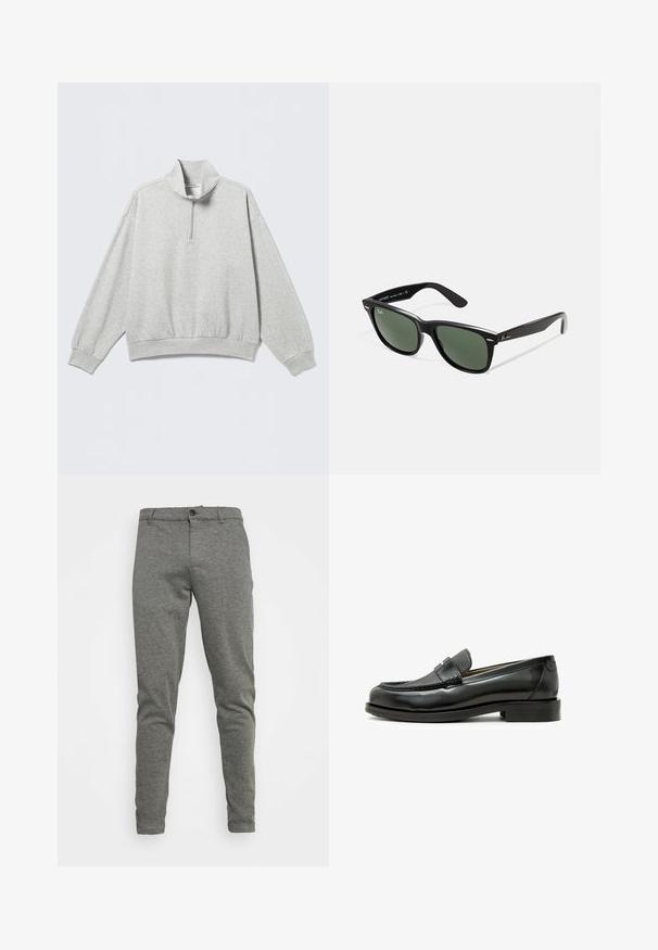 Light grey sweatshirt with a high collar, half-zip closure, dropped shoulders, and ribbed cuffs and hem. Soft, textured fabric.; Gray cotton blend trousers with a slim fit, button closure, and subtle texture. Smooth fabric without visible patterns or accents.; Black leather loafer with a textured black leather accent, rounded toe, and a low block heel; features a decorative metallic detail.; Black plastic sunglasses with green lenses, square frames, silver accent on the brow, and textured temple arms. Stated brand on inner arm.