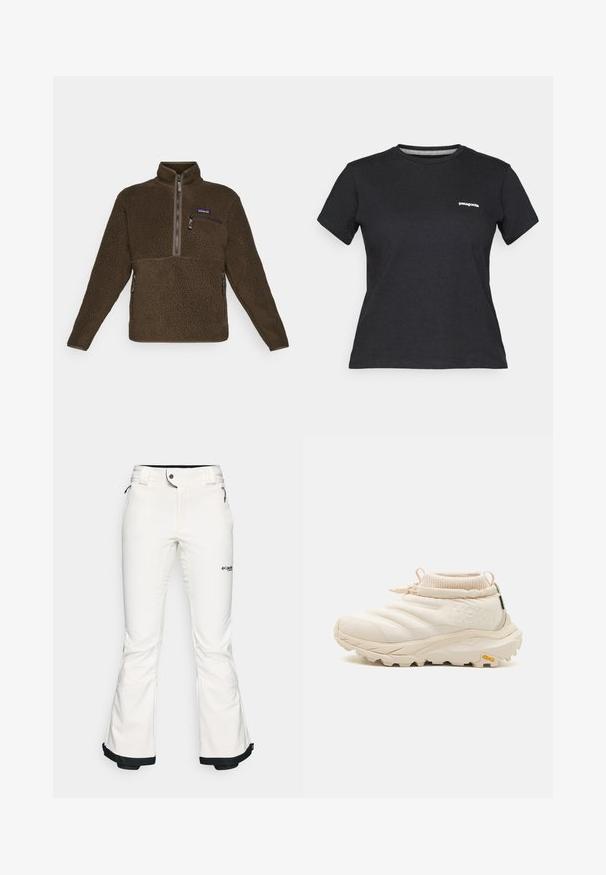 Καφέ φλεσε παλτό με κουμπί¼, τσέπη στο στήθος με φερμουάρ και δύο τσέπες πλευρικά με φερμουάρ, με μικρό λογότυπο στο στήθος.; Μαύρο βαμβακερό T-shirt με στρογγυλή λαιμόκοψη και κοντά μανίκια. Διαθέτει λευκό λογότυπο "Patagonia" στην αριστερή περιοχή του στήθους.; Λευκό σορτς σκι κατασκευασμένο από μαλακό, ευέλικτο υλικό. Διαθέτει εφαρμοστό μέγεθος στη μέση, φαρδιά ανοίγματα στα πόδια και μαύρη διακόσμηση στα μανίκια. Ορατό λογότυπο της μάρκας.; Ανοιχτό μπεζ αθλητικό παπούτσι με καπιτονέ επάνω μέρος, ελαστική κολάρα και σόλα Vibram. Διαθέτει λογότυπο στη φτέρνα και κλείσιμο με φερμουάρ. Υφή με τριψίματα.