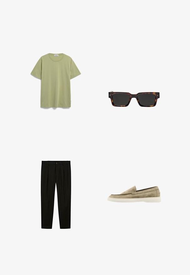 Gebreide trui in licht olijfgroen, met een textuurstof, sjaalkraag, geribbelde manchetten en zoom. Eenvoudig, casual ontwerp.; ARMEDANGELS JAAMES - T-shirt basic - light matcha; Zwarte op maat gemaakte broeken van soepel materiaal. Kenmerken zijn een platte voorkant, brede pijpen en een knoopsluiting bij de taille.; Beige suède instapschoenen met een ronde neus, gestikte details en een witte rubberen zool. Eenvoudig ontwerp met een gladde textuur.; Massimo Dutti RECTANGULAR - Zonnebril - dark brown
