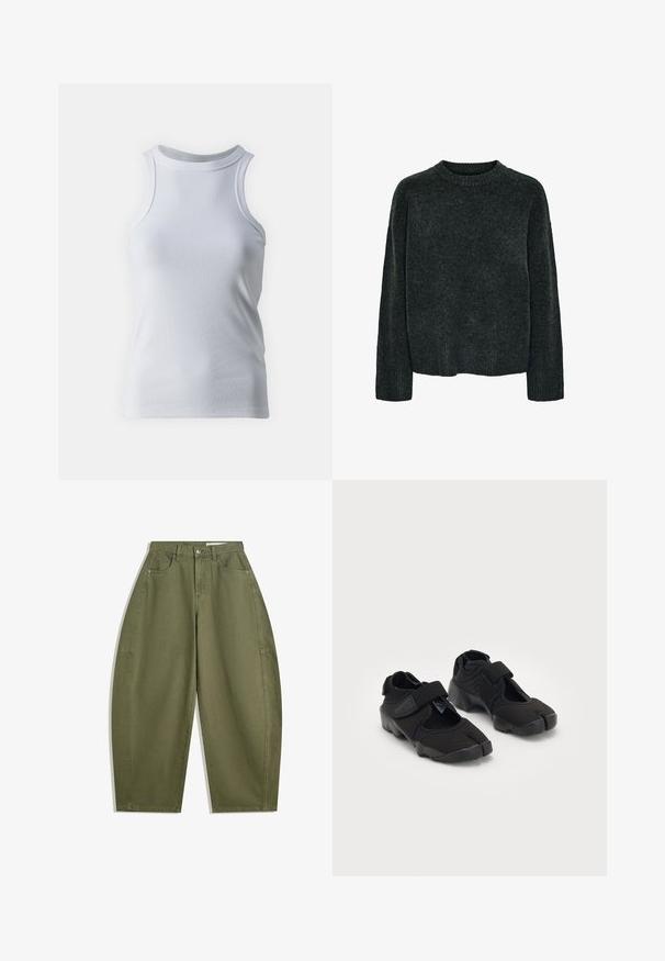 Donkergrijze wollen trui, ronde hals, lange mouwen, licht afgeknipte zoom, zachte textuur, minimalistisch ontwerp, geen zichtbare patronen of hardware.; Witte mouwloze tanktop van zacht, rekbaar katoen. Beschikt over een hoge halslijn en een gladde textuur zonder patronen of accenten.; Olijfgroene wijde broek van katoen, met een hoge taille, voorzakken en een zachte textuur. Geen versieringen of patronen.; Zwarte waterschoenen gemaakt van flexibel materiaal met een klittenbandsluiting, met een unieke gesplitste te ontwerpen en een rubberen zool met textuur voor grip.