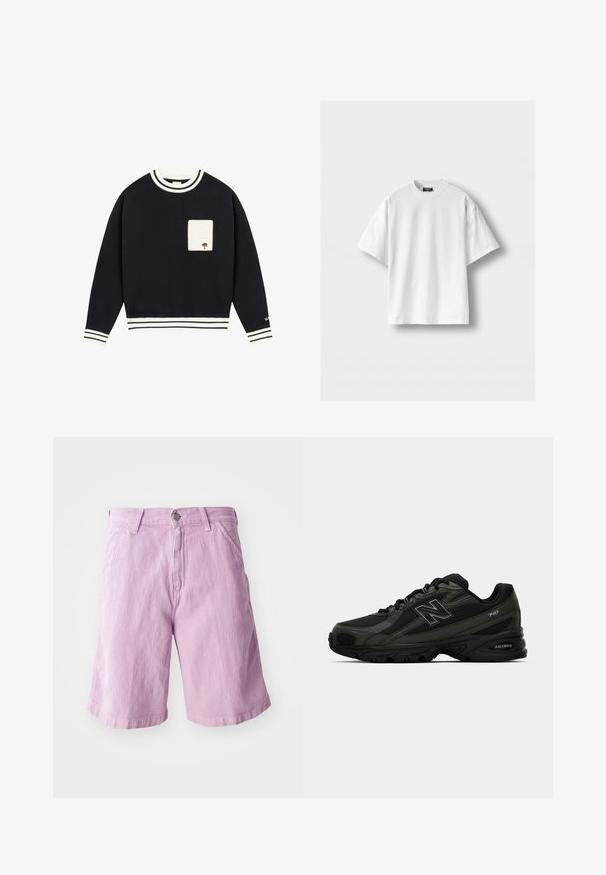 Marineblå sweatshirt med hvidstribede ribkant og manchetter, prydet med en beige lomme med broderet trædetalje på forsiden.; Hvid bomulds T-shirt med korte ærmer, rund hals og afslappet pasform. Glat tekstur, ingen mønstre eller accenter.; Lys lilla denimshorts med lige snit, der har knap- og lynlås-lukning, fem lomme-design og subtil tekstur.; Sorte sportssko med en struktureret syntetisk overdel, der har en polstret sål og prominente "N" logo på siden. Designet inkluderer lette mesh-sektioner.