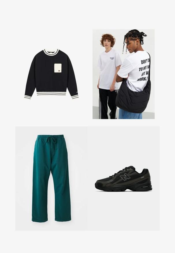 Námornícky sveter s bielymi pruhovanými rebrovanými golierom a manžetami, ktorý má na prednej strane béžovú kapsu s vyšitým detailom stromu.; Tyrkysové široké nohavice vyrobené z jemnej tkaniny, s elastickým pásom a šnúrkou na reguláciu veľkosti a hladkou textúrou.; Čierne športové topánky s textúrovaným syntetickým zvrškom, vybavené polstrovanou podrážkou a výrazným logom "N" na boku. Dizajn zahŕňa ľahké mäkké časti.; Čierna prešívaná taška na rameno s jemnou textúrou, ktorú nosí osoba v bielom grafickom tričku s tučným textom. Neformálny outfit s džínsami.