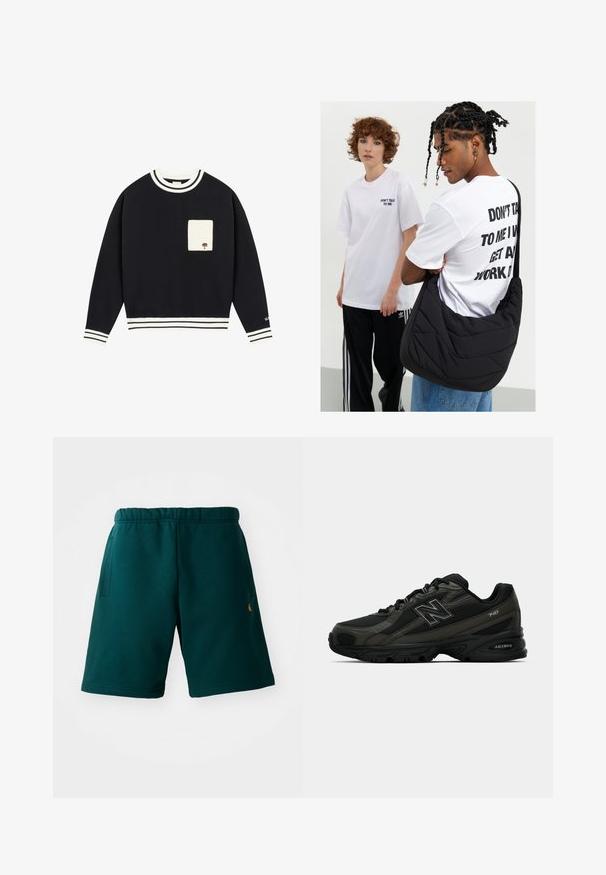 Sweatshirt marine avec col et poignets côtelés rayés blancs, présentant une poche beige avec un détail d'arbre brodé sur le devant.; Shorts en coton vert foncé avec une taille élastique, des poches latérales et un petit logo sur le côté inférieur. Texture lisse et design à hauteur du genou.; Baskets de sport noires avec une tige synthétique texturée, dotées d'une semelle rembourrée et d'un logo "N" bien en vue sur le côté. Le design comprend des sections en maille légère.; Sac en bandoulière noir en tissu matelassé avec une texture douce, porté par une personne vêtue d'un T-shirt blanc à motifs graphiques avec un texte en gras. Tenue décontractée avec un jean.