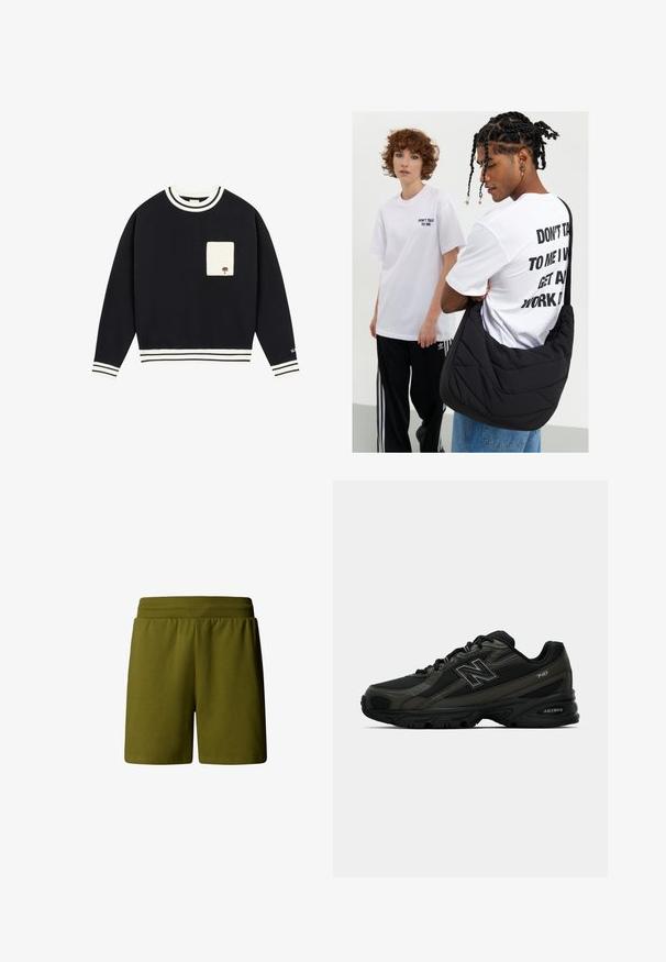 Námořnický svetr s bílým pruhovaným ribkovaným límcem a manžetami, na přední straně s béžovou kapsou a vyšitým detailem stromu.; Olivově zelené, měkké bavlněné kraťasy s elastickým pasem, s uvolněným střihem a bez viditelných kapes či ozdob.; Černé sportovní boty se strukturovaným syntetickým svrškem, které mají polstrovanou podrážku a výrazné logo "N" na boku. Design zahrnuje lehké síťované sekce.; Černá prošívaná taška na rameno s měkkou texturou, kterou má na sobě osoba v bílém grafickém tričku s výrazným textem. Neformální oblečení s džíny.