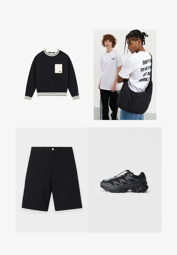 Námornícky sveter s bielymi pruhovanými rebrovanými golierom a manžetami, ktorý má na prednej strane béžovú kapsu s vyšitým detailom stromu.; Čierne bavlnené šortky s pásom so strieborným gombíkom, rovný strih a minimálne švy pre čistý vzhľad.; Čierna atletická obuv s textúrovaným sieťovinovým zvrškom, vystuženou špičkou a rýchlozaviazaním. Obsahuje robustnú podrážku a mierne zdvihnutú pätu.; Čierna prešívaná taška na rameno s jemnou textúrou, ktorú nosí osoba v bielom grafickom tričku s tučným textom. Neformálny outfit s džínsami.