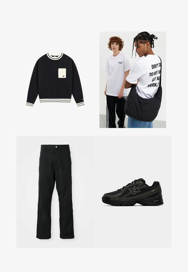 Marineblå hettegenser med hvitstripet ribbestrikket krage og mansjetter, med en beige lomme med brodert tre-detajl foran.; Sorte rette bukser med knap- og lynlåslukning, bæltestropper og sidelommer, vist mod en hvid baggrund.; Sorte atletiske sko med en teksturert syntetisk overdel, som har en polstret såle og et fremtredende "N"-logo på siden. Designet inkluderer lette mesh-seksjoner.; Sort, kviltet skulderveske med myk tekstur, båret av en person i en hvit grafisk T-skjorte med fet tekst. Løs stil med denim.
