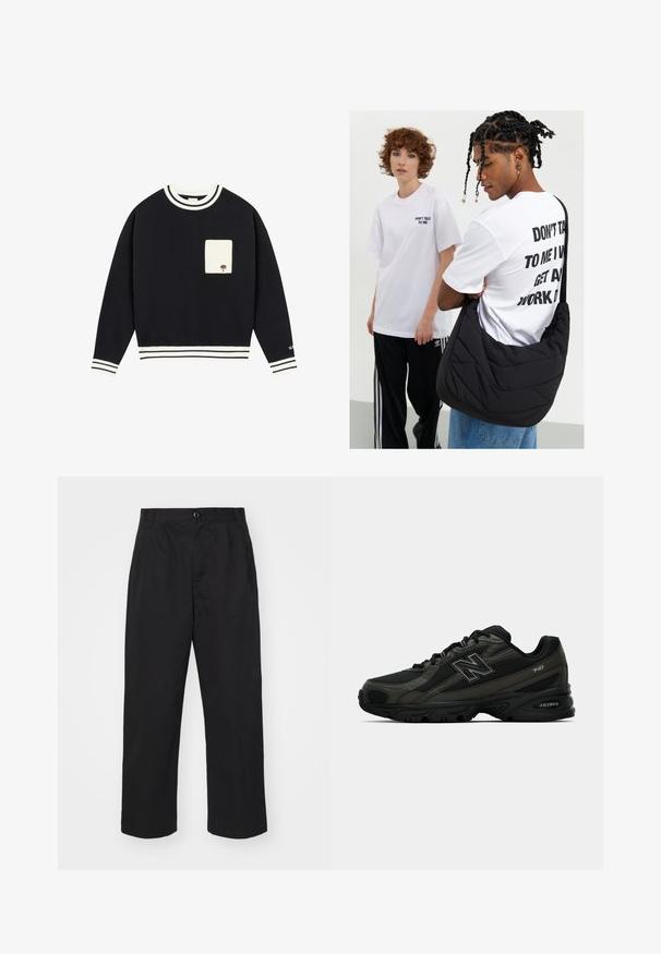 Tumesinine särk valgete triibuliste soonikute ja mansettidega, mille esiosas on beez tasku, millel on tikitud puu detail.; Mustadest puuvillast püksid otse lõikega, millel on nupplist ja kaks esimest taskut ning sile tekstuur.; Mustad mustreda spordijalatsid tekstuurse sünteetilise pealmise osaga, millel on pehme tallaga ja silmatorkav "N" logo küljel. Disain sisaldab kergeid võrkkosid.; Must tükksõrest, pehme tekstuuriga must õlakott, mille kannab inimene valge graafilise t-särgiga, kus on suured tekstid. Lisaks on seljas lõdva stiiliga teksased.