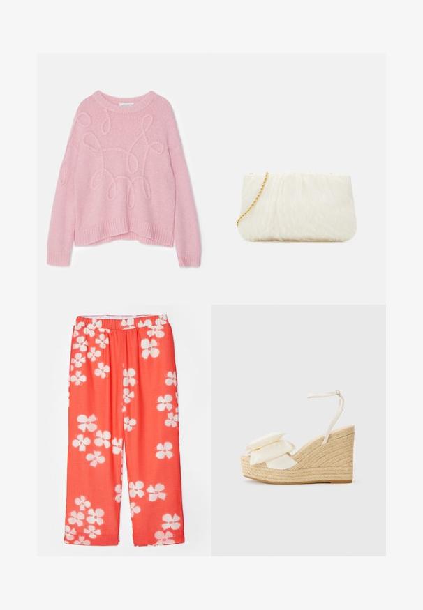 Rozā adīta džemperis ar apaļu kaklu, kritušām plecu šuvēm un teksturētu cilpu dizainu priekšpusē. Ribota apakšmalā un piedurkņu malās.; Sarkano ziedu raksta bikses ar vieglu, teksturētu audumu. Iespējas elastīgs jostasvīrs un plata, taisna kāju griezums.; Soliņu sandaļi ar dabīgu jutu platformu, krēmkrasas auduma augšdaļu un diviem slāņotiem ziedu rotājumiem; ir plāns potītes siksniņa ar sprādzi.; Balta teksturēta pleca soma ar salocītu dizainu, kas aprīkota ar zelta ķēdes siksnu. Gluda virsma ar smalkām viļņveida formām un noapaļotām malām.