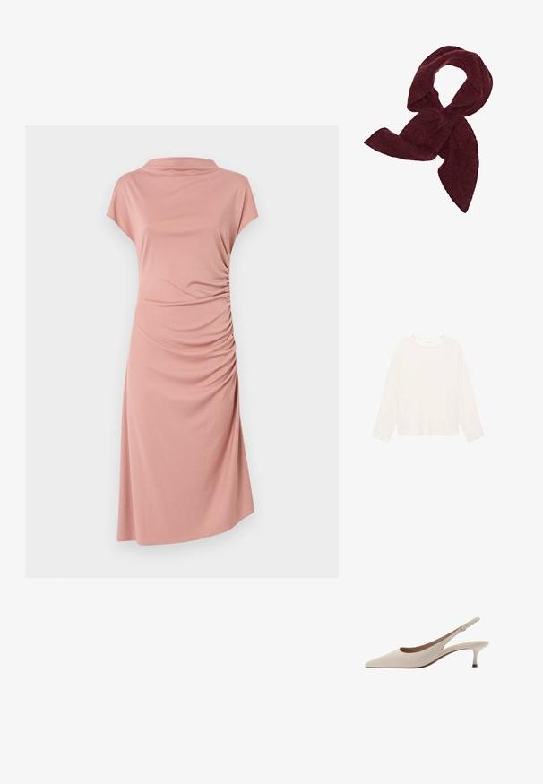 Chemise à manches longues couleur crème clair en tissu doux, avec un col rond et une coupe décontractée. Design simple sans motifs ni accents visibles.; Robe rose en tissu doux, avec un col haut, des manches courtes en forme de cap, et des détails froncés sur un côté, créant un effet drapé.; Des escarpins slingback beiges avec un bout pointu et un talon évasé bas. Fabriqués en cuir lisse avec un design minimaliste et une sangle réglable.; Écharpe bordeaux en tissu doux et texturé ; présente une forme allongée avec des extrémités pointues, idéale pour être enroulée ou nouée.; Sac à main en cuir marron avec une finition texturée, doté d'une fermeture en métal doré et d'une seule anse arrondie.