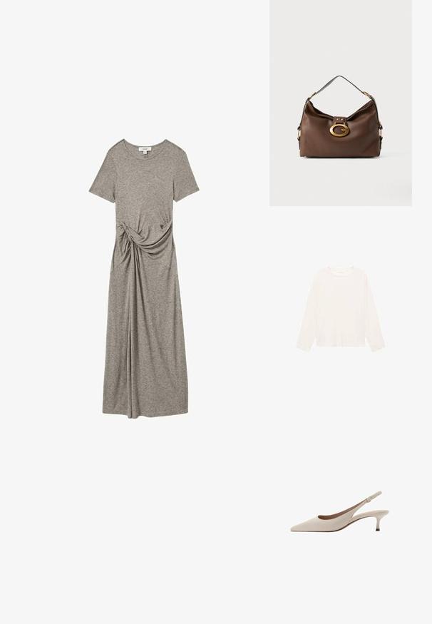Langärmliges, hellcremefarbenes Hemd aus weichem Stoff, mit rundem Halsauschnitt und lockerer Passform. Einfaches Design ohne sichtbare Muster oder Akzente.; Graues T-Shirt-Kleid aus weichem, dehnbarem Stoff. Es hat kurze Ärmel, einen runden Halsausschnitt und ein geknotetes Detail an der Seite.; Beige Slingback-Absatzschuhe mit spitzer Zehenform und niedrigem, ausgestellten Absatz. Hergestellt aus glattem Leder mit einem minimalistischen Design und verstellbarem Riemen.; Braune Handtasche aus Leder mit strukturiertem Finish, ausgestattet mit einem goldfarbigen Verschluss und einem einzigen, geschwungenen Schulterriemen.