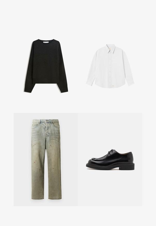 Čierny pletený sveter s okrúhlym výstrihom, rebrovanými manžetami a lemom. Dizajn je široký s padnutými ramenami pre uvoľnený strih.; Biela košeľa s gombíkmi a klasickým golierom, dlhými rukávmi a zaobleným lemom; obsahuje malé oranžové logo na dolnej ľavej strane.; Zničené džínsy vo svetlozelenej farbe s rovnými nohavicami, piatimi vreckami a nerovnomerným vyblednutím so škvrnami od farby.; Čierna kožená topánka s okrúhlou špičkou, prešívanými detailmi, minimálnym šnurovaním a hrubou gumovou podrážkou pre trakciu a odolnosť.