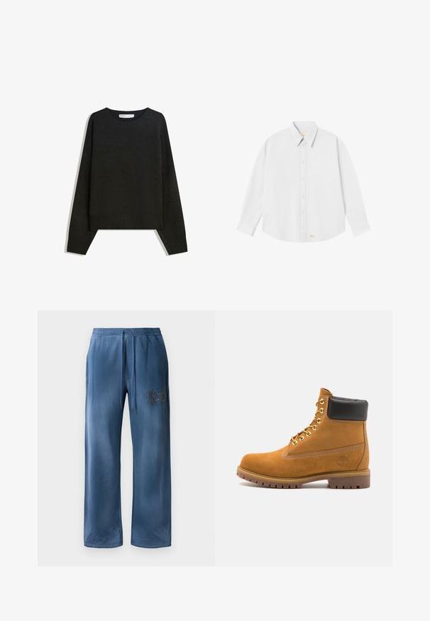 Czarny sweter z dzianiny z okrągłym dekoltem, z prążkowanymi mankietami i dołem. Krój jest luźny, z opadającymi ramionami, co zapewnia swobodny wygląd.; Biała koszula z długim rękawem i klasycznym kołnierzykiem, o zaokrąglonym dole; na dole po lewej stronie znajduje się małe pomarańczowe logo.; Niebieskie welurowe spodnie z szerokimi nogawkami, z elastycznym paskiem w talii, sznurkiem do regulacji, bocznymi kieszeniami oraz haftowanym logo na prawym udzie.; Beżowe zamszowe botki sięgające kostki z czarną wyściełaną krawędzią, złotymi oczkami, białymi detalami szycia oraz wytrzymałą gumową podeszwą z wyraźnym bieżnikiem.