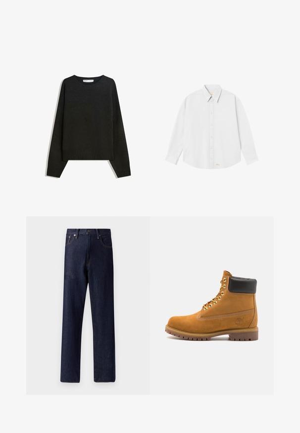 Pulover negru tricotat, cu guler rotund, manșete și tiv cu nervuri. Designul este drept, cu umeri căzuți pentru o croială lejeră.; Cămașă albă cu guler clasic, mâneci lungi și tiv rotunjit; are un mic logo portocaliu în partea stângă jos.; Blugi din denim de un albastru închis, cu un croi drept, cinci buzunare și detalii de cusătură subtile. Talie medie, cu închidere prin nasture metalic și fermoar.; Cizmă de gleznă din întoarsă de culoare bej, cu guler negru căptușit, ochiuri din metal auriu, detalii de cusătură albă și talpă din cauciuc robustă, cu un model pronunțat.