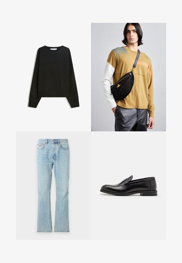 Čierny pletený sveter s okrúhlym výstrihom, rebrovanými manžetami a lemom. Dizajn je široký s padnutými ramenami pre uvoľnený strih.; Svetlomodré džíny s rovnými nohavicami, klasickým päť vreckovým dizajnom, jemným vyblednutím a kovovým gombíkom na zapínanie v páse.; Čierne kožené mokasíny s hladkou textúrou, zaoblenou špičkou a dekoračným pásikom cez priehlavok. Nízky vrstvený opätok, minimalistický dizajn.; Vivienne Westwood CITY BUMBAG UNISEX - Ľadvinka - black