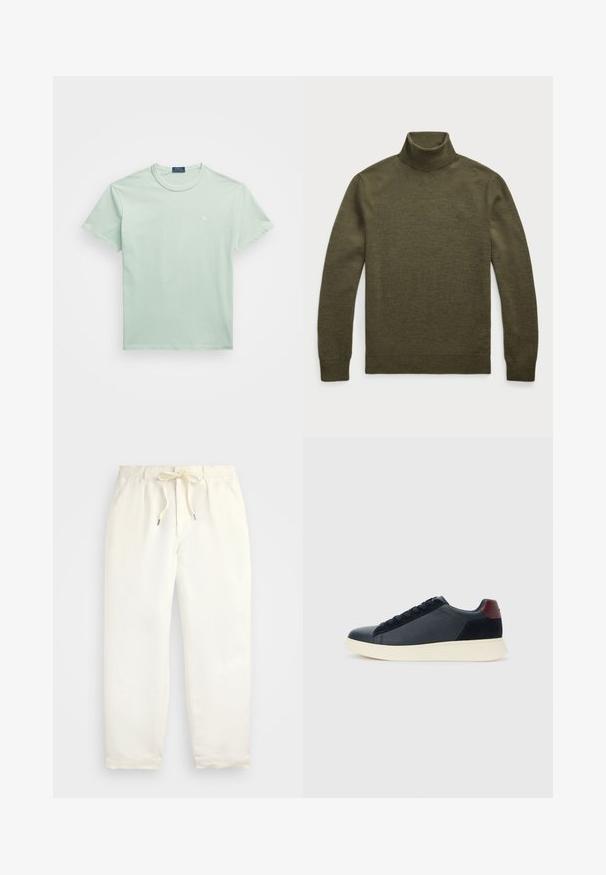 Polo Ralph Lauren WASHABLE WOOL ROLL NECK JUMPER - Πουλόβερ - cargo olive heather; Μίντ πράσινη κοντομάνικη μπλούζα από βαμβάκι, με μικρό κεντημένο λογότυπο στο αριστερό στήθος και στρογγυλή λαιμόκοψη.; Απαλή κρέμα, χαλαρές παντελόνες φτιαγμένες από μαλακό ύφασμα. Διαθέτουν ελαστική μέση με κορδόνι, και σχέδιο κωνικού ποδιού.; Ανδρικά παπούτσια sneaker χαμηλού ύψους σε μαύρο δέρμα και σουέτ, με ταμπέλα στη φτέρνα σε μπορντό χρώμα και λευκή καουτσούκ σόλα, προβαλλόμενα από την εξωτερική πλευρά.
