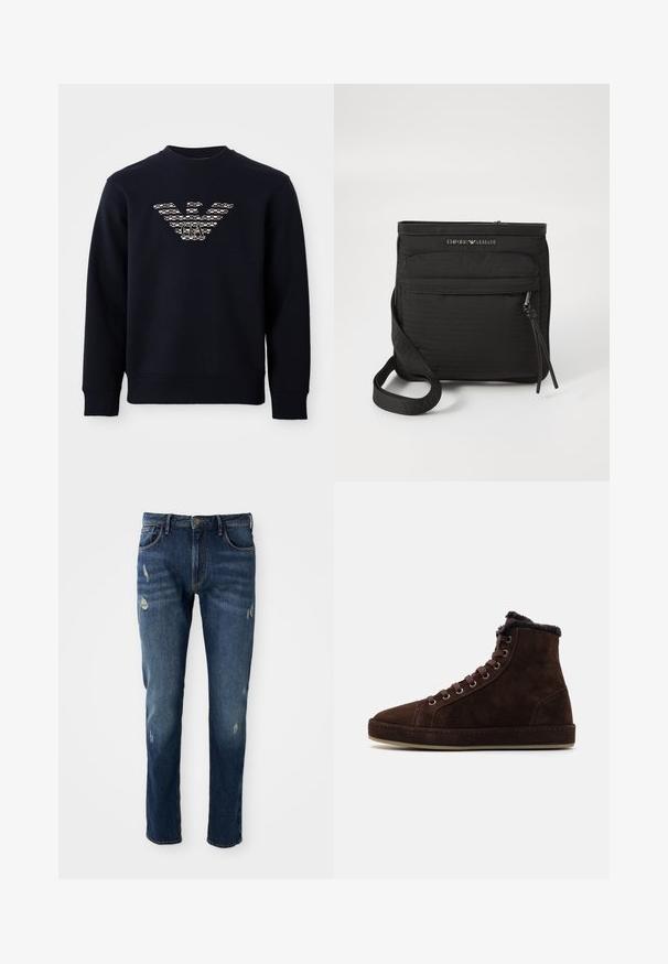 Marineblaues Crewneck-Sweatshirt mit langen Ärmeln, das ein gemustertes Adler-Logo mit den Initialen "GA" in der Mitte der Brust zeigt.; Dunkelblaue Jeans aus Denim mit slim fit, leichten Abnutzungen an den Oberschenkeln und Knien, klassischem Fünf-Taschen-Design und Knopfverschluss.; Braune Wildleder-Hochtop-Sneaker mit Schnürung, runder Spitze, weicher Fütterung am Kragen und Gummisohle.; Schwarze Emporio Armani Umhngetasche mit vorderer Reißverschlusstasche, verstellbarem Trageriemen und Logodetail auf strukturiertem Stoff.