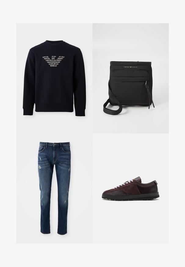 Sudadera de cuello redondo en azul marino con mangas largas, que presenta un logo de águila estampado con las iniciales "GA" centradas en el pecho.; Jeans de mezclilla azul oscuro con corte ajustado, ligero desgaste en los muslos y las rodillas, diseño clásico de cinco bolsillos y cierre de botón.; Paul Smith ZEPHYR - Zapatillas - purple; Bolso bandolera negro de Emporio Armani con bolsillo frontal con cremallera, correa ajustable y detalle de logo en tejido texturizado.
