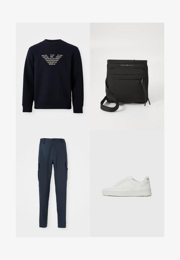 Mörkblå crewneck sweatshirt med långa ärmar, prydd med en mönstrad örnlogga med "GA" initialer centrerade på bröstet.; Marinblå cargobyxor med en texturerad väv, slim fit, knappstängning i midjan och sidofickor för extra funktionalitet.; Vita lädersneakers med en jämn yta, rund tå, platta snörningar och en strukturerad sula. Har en diskret logotyp på hälen.; Svart Emporio Armani crossbody-väska med framficka med dragkedja, justerbar rem och logotypdetalj på texturerat tyg.