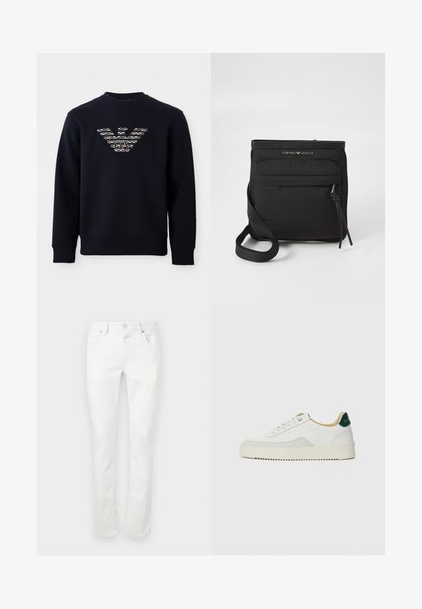 Mørkeblå sweatshirt med rund hals og lange ermer, med et mønstrete ørnelogo og initialene "GA" sentrert på brystet.; Hvite denimjeans med rett skåret design, fem lommer og metallknapp lukking. Glatt tekstur og minimale sømdetaljer.; Hvit sneakers med semsket detaljer, rund tå, flate snøringer og en kremfarget gummisåle. Har grønn merking på hælen.; Svart Emporio Armani crossover-veske med frontlomme med glidelås, justerbar stropp og logo-detalj på teksturert stoff.
