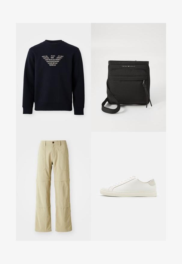 Navy blue crewneck sweatshirt with long sleeves, featuring a patterned eagle logo with "GA" initials centered on the chest.; Beige cargo pants with a straight-leg design, two front pockets, and a zippered hem for adjustable length. Made of lightweight fabric.; White leather sneaker with a smooth surface, round toe, and minimalistic design. Features beige accents on the heel and a rubber sole.; Black Emporio Armani crossbody bag with front zipper pocket, adjustable strap, and logo detail on textured fabric.