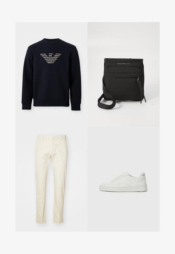 Navy blue crewneck sweatshirt with long sleeves, featuring a patterned eagle logo with "GA" initials centered on the chest.; Beige cotton trousers with a straight leg design, front zipper, and flat pockets. Textured fabric with a smooth finish.; White leather sneaker with a smooth finish, round toe, flat laces, and a textured sole. Features a subtle logo on the heel.; Black Emporio Armani crossbody bag with front zipper pocket, adjustable strap, and logo detail on textured fabric.