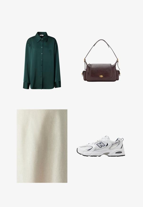 Olivgrüner Strickpullover aus weichem, strukturiertem Material. Hat einen Rundhalsausschnitt und lange Ärmel mit einer lockeren, kastigen Passform.; Grünes Satin-Hemd mit langen Ärmeln, klassischem Kragen, vorderem Knopfverschluss und Einzelknopf-Manschetten. Glatte Textur und elegantes Design.; Helles beige Gewebe mit subtiler Textur und gleichmäßigem Gewebe, das weiche Falten und Knitter zeigt, geeignet für verschiedene textile Anwendungen.; Weißer Sportschuh mit Mesh-Obermaterial, navyblauen Akzenten und gepolsterter Sohle. Verfügt über das "N"-Logo, Schnürsenkel und eine strukturierte Detailverarbeitung an der Seite.; Braune Leder-Schultertasche mit Klappe. Sie verfügt über goldene Beschläge, eine strukturierte Form und seitliche Taschen für zusätzliche Funktionalität.