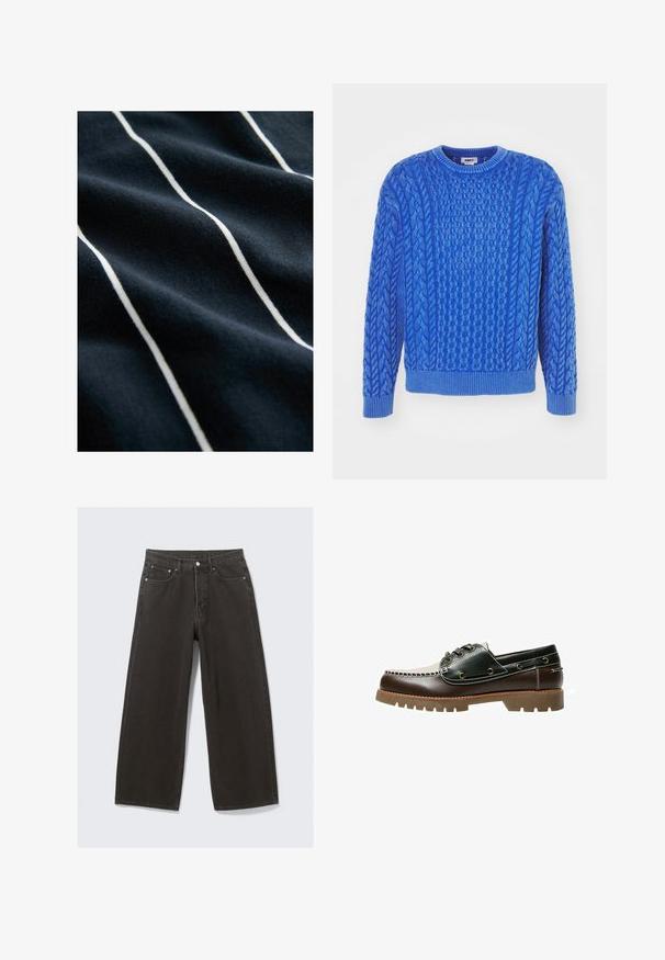 Modrý pletený svetr s texturovaným kabelovým designem, kulatým výstřihem a žebrovanými manžetami a lemem. Vyrobeno z měkké, silné příze.; Námořnická modrá látka s bílými svislými pruhy, se hladkou texturou a mírným leskem, který zdůrazňuje pruhovaný design.; Džíny s širokými nohavicemi černé barvy mají vysoký pas, design s pěti kapsami a zapínání na knoflíky. Tkanina má jemný a strukturovaný povrch.; Hnědé a zelené kožené lodní boty s bílým šitým vzorem, kulatými šňůrkami a texturovanou gumovou podrážkou. Odolná konstrukce s kovovými očky.