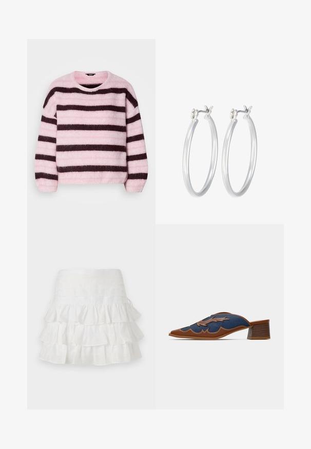 Rozā un brūna svītraina džemperis ar apaļu kaklu, izgatavots no mīksta, pūkaina materiāla, ar garām piedurknēm un brīvu piegriezumu.; sandro JUPE - Minisvārki - blanc; Denima slīpeņu mūli ar norādītu purngala formu, brūnu ādas akcentu un viļņu raksta detalizētu dūrienu. Zema, salikta koka papēža.; Sudraba riņķveida auss gredzeni ar gludu, pulētu apdari. Apaļa forma un drošs klikšķa augšējais slēgums. Viegls dizains, kas piemērots ikdienas valkāšanai.