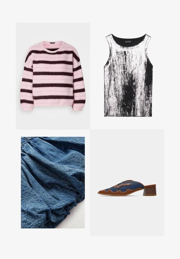 Roza in rjava črtasta jopica s krožnim izrezom, izdelana iz mehkega, puhast materiala, z dolgimi rokavi in sproščenim krojem.; Črno-bela brezrokavnik iz raztegljive tkanine, ki se ponaša z črtastim vzorcem z sijajnimi akcenti, okroglim izrezom in brezrokavno zasnovo.; Denim tkanina v globoko modri barvi, z nabranimi strukturami, ki ustvarjajo mehke gube. Gladko površje z rahlimi barvnimi variacijami.; Denim slip-on mule s čepico, rjavimi usnjenimi detajli in natančnim šivanjem v obliki valov. Nizek, zložen leseni pet.