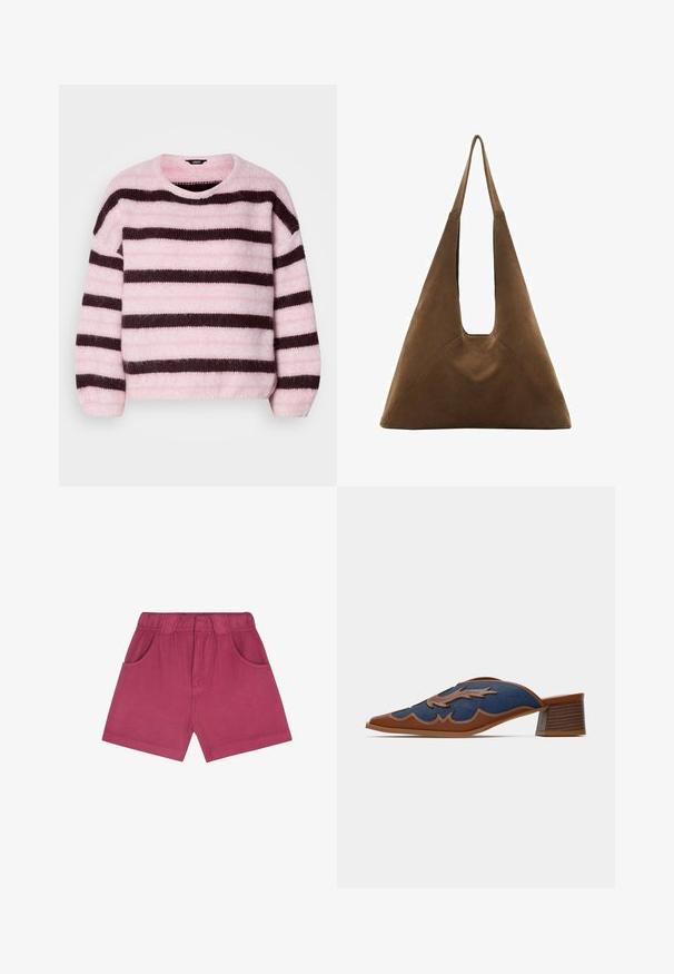 Różowo-brązowy sweter w paski z okrągłym dekoltem, wykonany z miękkiego, puszystego materiału, posiadający długie rękawy i luźny krój.; Szorty w kolorze fuksji z miękkiego materiału, z elastycznym pasem, dwiema bocznymi kieszeniami i prostym krojem do wysokości połowy uda.; Jeansowe mule na płaskim obcasie z ostrym noskiem, brązowymi skórzanymi akcentami i szczegółowym szwem w falisty wzór. Niski, klockowy drewniany obcas.; Brązowa torebka z zamszu o trójkątnym wzorze, z wydłużonymi ramiączkami i dużym otwartym wnętrzem z wyciętym uchwytem.