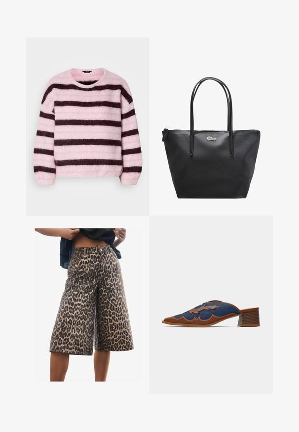 Pink and brown striped sweater with a round neck, made of soft, fuzzy material, featuring long sleeves and a relaxed fit.; Next JORT - Denim shorts - leopard print; Denim slip-on mules with a pointed toe, brown leather accents, and detailed stitching in a wave pattern. Low, stacked wooden heel.; Black synthetic tote bag with two long handles, textured surface, and a small embroidered logo accent. Zippered closure on top.