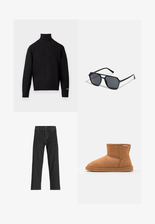 Must turtleneck kampsun pehmest kudumist, millel on ribidega krae ja äär, ning väike logo-detail varrukal.; Mustad siidist teksad, sirge jalgadega disainiga, tõmbluku ja vöödega, kuue taskuga, valmistatud tugevast puuvilla ja sünteetilise kiu segust.; Pruun naiseste nahast ankle boot pyöristetud varbaga, pehme sisetald, õmmeldud detailid ja kummist tald. Brändi silt nähtav küljel.; Mustad mustad prillid oktaalpäistega, tumedad läätsed, läikiv viimistlus, õhukesed templid ja kuldsed aktsendid ees.