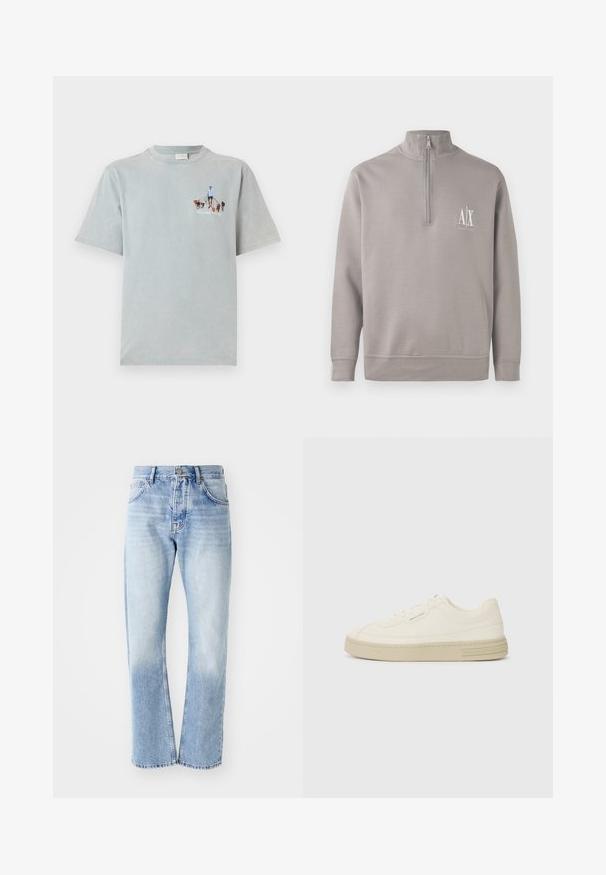 Pulover gri deschis, cu fermoar pe un sfert, confecționat din material moale, având un mic logo alb pe piept și manșete și tiv elastic.; Tricou din bumbac de culoare albastră deschisă, cu mâneci scurte și guler rotund, având un design grafic cu o persoană care plimbă câini pe față.; Jeans din denim de culoare bleu deschis, cu croială dreaptă. Prezintă un design cu cinci buzunare, fermoar cu nasturi și o textură estompată spre partea de jos.; Adidași albi din pânză cu o talpă din cauciuc texturată, având un vârf cusut și un accent cu logo pe călcâi. Design simplu cu șireturi.