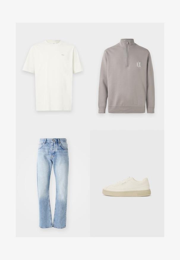 Lichtgrijze quarter-zip pullover van zacht materiaal, met een klein wit logo op de borst en elastische mouwen en zoom.; Effen wit T-shirt met korte mouwen en kleine zwarte tekst "NN. 07" op de linkerkant van de borst, tegen een lichte achtergrond.; Lichtblauwe denim jeans met een rechte pijp. Voorzien van een vijf-pocket ontwerp, knoopsluiting en een vervaagde textuur naar de onderkant.; Witte canvas sneakers met een gestructureerde rubberen zool, featuring een gestikte neuskap en logo-accent op de hak. Eenvoudig vetersluiting ontwerp.